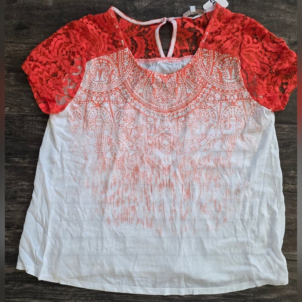 #392 Miss Me Coral and White Lace Blouse